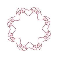 rote Liebe monoline Symbol Vektor Doodle Rahmen Herzen mit Flügeln. handgezeichneter kranz valentinstag mit copyspace. dekor für grußkarte, hochzeit, becher, fotoüberlagerungen, flyer, plakatdesign