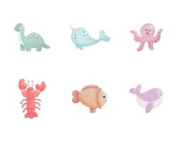 akvarell djur set. dinosaurie, val, bläckfisk, hummer, fisk. digital färg. vektor illustration.