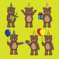 cartoon-set niedlicher teddybär, der geburtstag in unterschiedlicher pose feiert vektor