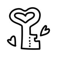 Valentinstag-Doodle-Symbolschlüssel mit Herzen aus dem Schloss der Liebe. Symbol der ewigen Liebe. Liebesgeschenk Überraschung zum Tag der Liebe. handgezeichnete illustration für web, banner, karte, druck, flyer, urlaub vektor