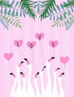 vita flamingos på en rosa bakgrund, hjärta. tropiska löv. illustration om kärlek vektor