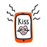 Valentinstag Doodle Symbol Handy mit Lippen, Schriftzug Kuss. Internet-Liebesdekoration. handgezeichnet, strichzeichnungen, flach und beschriftungsvektor für web, banner, karte, aufkleber vektor