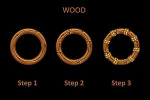 Set aus runder Holzrahmen-App, 3 Schritte zum Fortschritt. Holzrahmen zum Zeichnen von Verbesserungen. vektor
