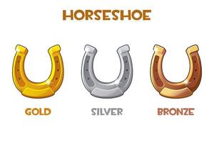 guld, silver, brons hästsko på en vit bakgrund. set med olika hästskor för st. patricks dag. vektor