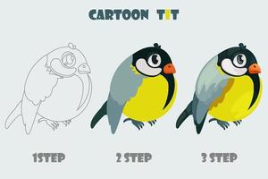 Cartoon-Vogelmeise, isolierte 3-Schritt-Zeichnung. Vektor Wintervogel. flache Vögel
