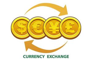 valutaväxling dollar, euro, yen, pund sterling. guldmynt av valuta och pengar. vektor