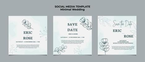 minimal bröllopsinbjudan inläggsmall för sociala medier med blommig ram linjekonst handritat blad och blomma vektor