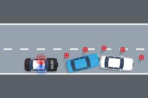 Unfall von zwei Autos auf der Straße, ein Verkehrspolizist am Unfallort. Vektor im flachen Design von oben.