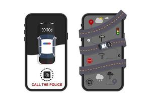 mobile app polizeidienst. Smartphone mit Streifenwagen und Straße auf dem Bildschirm. Vektormodell im flachen Design vektor