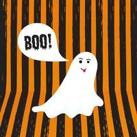 Boo-Geist-Halloween-Nachricht-Konzept. Fliegender lustiger gruseliger Geistercharakter Halloweens sagt Buh mit Textraum in der Sprechblasenvektorillustration, die auf orange gestreiftem Hintergrund lokalisiert wird. vektor
