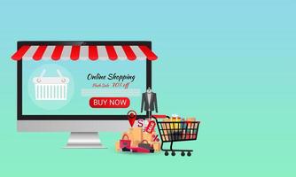 Online-Shopping, Konzept-Desktop, mit Kreditkarten und auf blauem Hintergrund, vektor