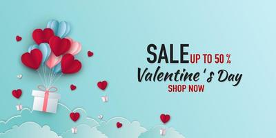 Illustration der Liebe und des Valentinstags mit Herzballon, Geschenk und Wolken. Papierschnitt-Stil. Vektor-Illustration vektor