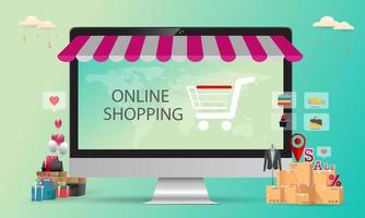 online shopping, koncept skrivbord, med kreditkort och på blå bakgrund, vektor