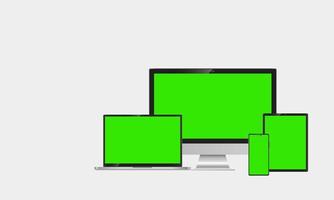 uppsättning realistiska datorskärmar, bärbara datorer, surfplattor och mobiltelefoner. elektroniska prylar på vit background.green skärm. vektor mobil enhet koncept.