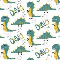 kindisches Muster mit grünem Dinosaurier und Regenbogen. Dino-Muster in grün-gelben Farben. geeignet für Stoffe, Geschenkpapier, Drucke. vektor