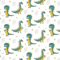 kindliches Muster mit grünem Dinosaurier und Sternen. Dino-Muster in grün-gelben Farben. geeignet für Stoffe, Geschenkpapier, Drucke. vektor
