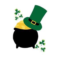 vektor illustration av en kruka med guld och en hatt. st. Patricks dagskort med en kruka guld.