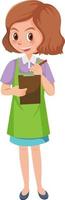 junge weibliche Kellnerin, die eine Zeichentrickfigur einer Bestellung auf weißem Hintergrund entgegennimmt vektor