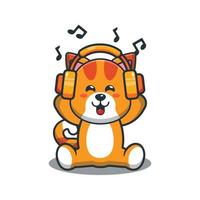 söt kattmaskot tecknad illustration lyssna på musik med hörlurar vektor