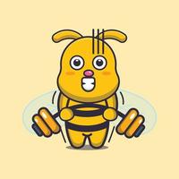 söt bee maskot tecknad illustration lyft skivstång vektor