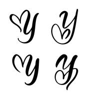 Vektor uppsättning av vintage blommigt brev monogram Y. kalligrafi element valentin blomstra. Handritad hjärta skylt för sida dekoration och design illustration. Kärlek bröllopskort för inbjudan