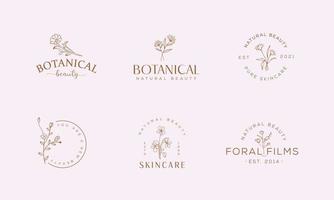 uppsättning av botaniska blommiga element handritad logotyp med vilda blommor och blad. logotyp för spa och skönhetssalong, boutique, ekologisk butik, bröllop, blomsterdesigner, inredning, fotografi, kosmetika. vektor