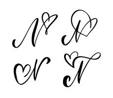 Vektor uppsättning av vintage blommigt brev monogram N. kalligrafi element valentin blomstra. Handritad hjärta skylt för sida dekoration och design illustration. Kärlek bröllopskort för inbjudan