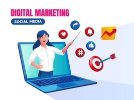 digital marknadsföring sociala medier med en kvinna och en bärbar dator vektor