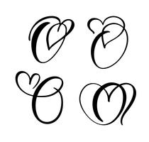 Vektor uppsättning av vintage blommigt brev monogram O. kalligrafi element valentin blomstra. Handritad hjärta skylt för sida dekoration och design illustration. Kärlek bröllopskort för inbjudan