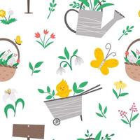Vektor niedlichen Garten oder Ostern Musterdesign. sich wiederholender hintergrund mit schubkarre, gießkanne, eiern, ersten blumen und pflanzen. Flachfeder-Gartenwerkzeug digitales Papier für Kinder.
