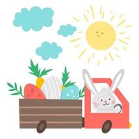 Vektor-Oster-LKW-Symbol mit farbigen Eiern und Karotten, Wolken und Sonne. Häschen, das ein Auto mit den Feiertagsgeschenken fährt, die auf weißem Hintergrund lokalisiert werden. frühlingsgrußkartenvorlage mit niedlichem kaninchen für kinder. vektor