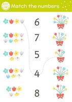 Oster-Matching-Spiel mit Frühlingsblumenstrauß. Ferien-Mathe-Aktivität für Vorschulkinder mit Pflanzen. pädagogisches druckbares arbeitsblatt zum zählen mit niedlichen lustigen elementen für kinder vektor