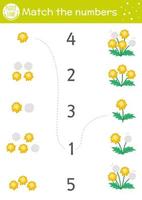 Oster-Matching-Spiel mit Frühlingsblumen. Ferien-Mathe-Aktivität für Vorschulkinder mit Löwenzahn. pädagogisches druckbares arbeitsblatt zum zählen mit niedlichen lustigen elementen für kinder