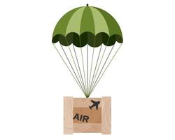 Lieferung in der Luft Holzkiste Paket Paket Lufttropfen mit Fallschirm. Online-Militärspielkonzept. vektor