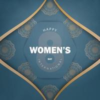 gratulationskort 8 mars internationella kvinnodagen i blått med abstrakt guldprydnad vektor