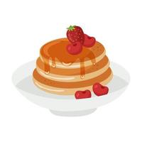 pannkakor på tallrik, nybakade med körsbär och lönnsirap. vektor illustration av en utsökt frukost i tecknad stil.