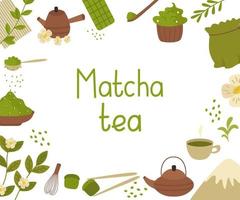 Banner mit Elementen für grünen Tee aus Matcha-Pulver. Teekanne, Tasse, Bambuslöffel, Schneebesen, Sieb, Süßigkeiten und Getränke, Schokolade. Vektor-Illustration. zum Dekorieren oder Bedrucken vektor