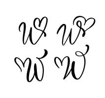 Vektor uppsättning av vintage blommigt brev monogram W. kalligrafi element valentin blomstra. Handritad hjärta skylt för sida dekoration och design illustration. Kärlek bröllopskort för inbjudan