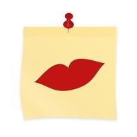 Aufgedruckter Kuss auf gelbem Haftnotizzettel mit Anstecknadel. realistischer aufkleber und pin lokalisiert auf weiß. roter Lippenstiftdruck. sexy Lippen-Vektor-Illustration. vektor