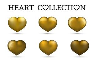 Sammlungen von Goldherzen. Satz von sechs realistischen Herzen isoliert auf weißem Hintergrund. 3D-Symbole. Valentinstag-Vektor-Illustration. einfach zu bearbeitende Designvorlage. vektor