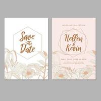 bröllopsinbjudan kortmall, med blad och blommig bakgrund vektor