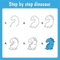 Zeichenunterricht für Kinder. Wie zeichne einen Cartoon-Dinosaurier. Zeichnungs-Tutorial mit lustigem Cartoon-Drachen. Schritt für Schritt wiederholt sich das Bild. Kunstseite für Kinderaktivitäten für ein Buch. vektor