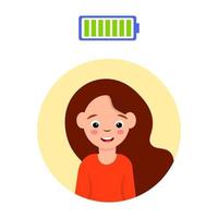 ung kvinna karaktär vektorillustration isolerad på vit ikon, person positivt tänkande, optimist full batterienergi, leende platt tecknad avatar. livsstilskoncept. muntert tankesätt uttryck. vektor
