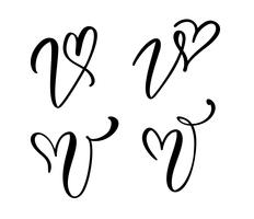 Vektor uppsättning av vintage blommigt brev monogram V. kalligrafi element valentin blomstra. Handritad hjärta skylt för sida dekoration och design illustration. Kärlek bröllopskort för inbjudan
