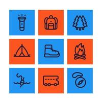 camping linje ikoner set, ryggsäck, vandring, tält, stövlar, skog, kompass, fiske, husbil vektor