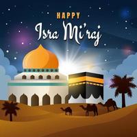 glückliches isra mi'raj mit kaaba- und aqsa-moscheehintergrund vektor