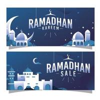Illustrationsvektorgrafik der Nachtmoschee mit blauem Himmelshintergrund für Ramadhan-Kareem-Banner. Sie kann für digitale Inhalte, Druckbanner, Webbanner usw. verwendet werden. vektor