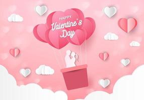liebe und valentinstag, liebhaber stehen und ein ballon in herzform aus papierkunst, der am himmel schwebt. handwerklicher Stil. vektor