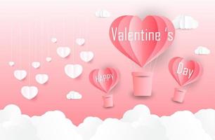liebe und valentinstag, liebhaber stehen und ein ballon in herzform aus papierkunst, der am himmel schwebt. handwerklicher Stil. vektor