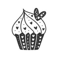 cupcake valentine kuchen käsekuchen mit creme und herzen dekor. Vektor Liebe Lebensmittel Cartoon schwarze Linie Kunst Zeichnung Illustration. doodle skandinavisch für kinderdesign
